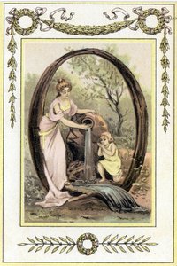 Bir anne ve oğlunun ilkbahardan içme suyunu temsil eden Q harfi, 19. yüzyılın sonları (kromolitograf) by French School