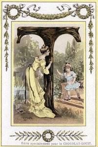 19. yüzyılın sonlarında saklambaç oynayan bir anne ve kızını temsil eden T harfi (kromolitograf) by French School