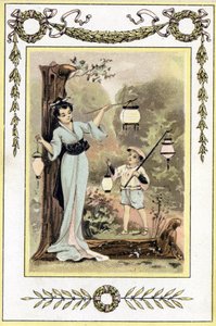 Japon bir anneyi ve oğlunu fenerlerle temsil eden mektup, 19. yüzyılın sonlarında (kromolitograf) by French School