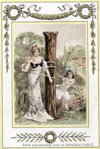 19. yüzyılın sonlarında oynayan bir anne ve kızı temsil eden mektup (kromolitograf) by French School