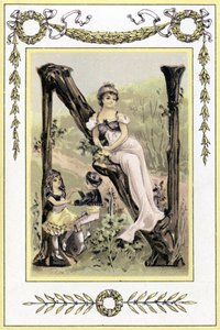 19. yüzyılın sonlarında dans eden bir anne ve çocuklarını temsil eden mektup (kromolitografi) by French School
