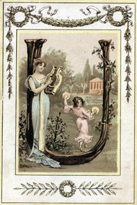 Lir çalan bir anneyi ve timpani ile dans eden kızını temsil eden mektup, 19. yüzyılın sonlarında (kromolitograf) by French School