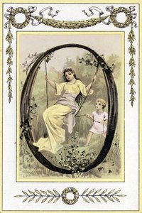 19. yüzyılın sonlarında sallanan bir anne ve oğlunu temsil eden mektup (kromolitograf) by French School