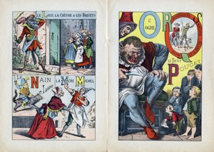 Harfler: L M N O P Q R S (orta çift sayfa). Kurt, keçi ve biquets, La Mere Michel, Le Nain jaune, L