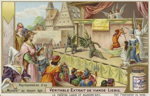 Bir ortaçağ gizeminin temsilini içeren Liebig kartı by French School