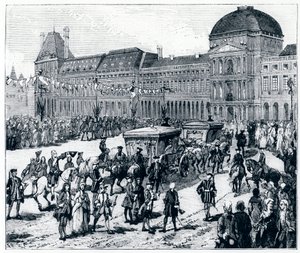 Louis XV altında yaşam: kral, kraliçenin ve yunusun kendisini beklediği Palais des Tuileries'e varıyor - Gerouillac tarafından “Yüzyıllar boyunca Paris'te” by French School