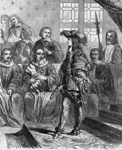 Louis XIV (1638 - 1715) 1652'de parlamento huzurunda 17 yaşındaydı ve cumhurbaşkanını meclisi feshetmeye zorladı. Paul Lehugeur'un "" Histoire De France En Cent Resimlerinde Gravür "" 1891. by French School