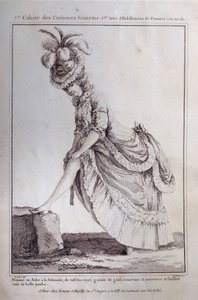 Louis XVI modası: çizgili tafta içinde Polonyalı bir elbise içinde genç bir kadının ayak portresi. 1778
