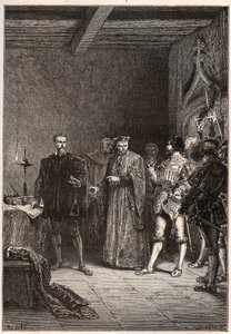 Louis de Berquin (1485-1529), şövalye ve hümanist, dini reformcu, Jean de la Barre (1523-1533) tarafından kurtarıldı prevot de Paris - Louis de Berquin (solda) John de la Barre tarafından hapishaneden serbest bırakıldı - “”den gravür Fransa