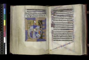 MS 300 f.177v-178r, Matins, Virgin ve Child, bankta iki vazo arasında oturuyor (üstte); İsa