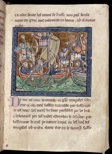 MS Marlay De Re Militari, c.1270'den bir deniz savaşını aydınlatan 1 f.86 sayfa metin ekleyin by French School
