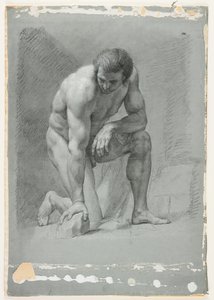 Erkek Akademisi, Diz Çökmüş, Bir Kayanın Üzerinde Öne Eğilmiş, 18. yüzyılın sonları (beyaz kabartmalı siyah tebeşir) by French School
