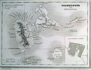 Guadeloupe haritası ve bağımlılıkları. 19. yüzyılın gravürü. Chartres, Güzel Sanatlar Müzesi by French School