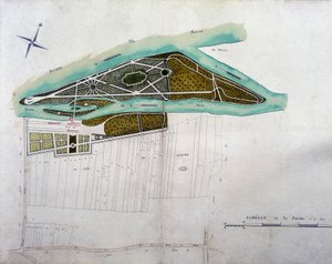 Moulin Joly bahçesinin haritası. Ulusal Arşivlerde korunan Colombes bölgesinin (1780) planlarının atlasının plakası. by French School
