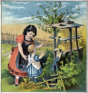 Martha küçük kız kardeşine kovandaki arıların çalışmalarını gösterir. “” Scenes enfantines””” baskısından kromolitografi. Guerin - Müller dolaylarında 1885. by French School
