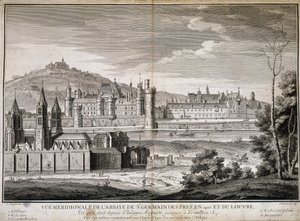 1410 yılında Saint Germain des Pres ve Louvre manastırının meridyen görünümü - gravür by French School