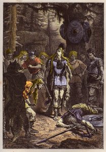 Merovingiens: Clovis 1er, Soissons vazosunu kıran askeri vuruyor, tr 486 - Clovis (465-511) ve 486'da Soissons Vazosunu kıran Frank savaşçı - “” L'histoire de France racontee à mes'den gravür dedesi”” - Fra tarafından by French School