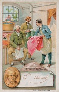 Michel Eugene Chevreul, Fransız kimyager (1786-1889), bazı yeni boyaları inceliyor by French School