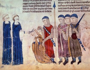 Monk, sefahatinin cezası olarak biçti. “Toulouse Gümrükleri” el yazmasından minyatür (Folio 33V) by French School