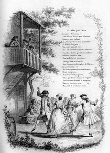 Ana Bontemler (Bontemps). Balkonda müzisyenler ile bir köyde genç çiftlerin dansı. “” Chants et chansons populaire de la France”, Cilt 2