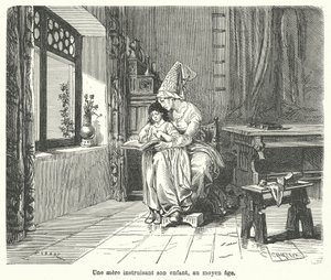 Orta çağda çocuğuna öğreten anne (gravür) by French School