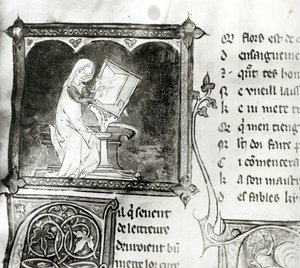 Ms.3142 fol.256 Marie de France (fl.12. yüzyıl) yazısı, bir Anthology of French Poems, c.1280-90 (detay) by French School