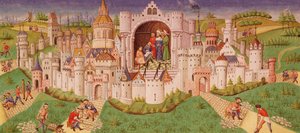Ms. 0242 f.48v Kral iki yazıcıya dikte eden bir odada dururken, işçilerin şehir kapılarına giden yolları kaldırım taşlarıyla döşediği bir şehrin görünümü by French School