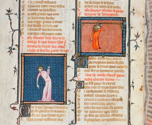 Ms 1126 Dido'nun kılıçla intiharı ve Phyllis'in asılarak intiharı, Guillaume de Loris ve Jean de Meung tarafından yazılan Le Roman de la Rose'dan, c.1360-70 by French School