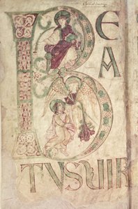 Ms 18 f.1v Corbie Mezmurundan St. John the Evangelist ve bir Meleği betimleyen tarihi başlangıç B by French School