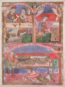 Bayan 250 f.24r St. Radegund (518-87), Clothar I (497-561) masasında, hitabetinde ve kraliyet yatağının ayaklarında, Life of St. Radegund