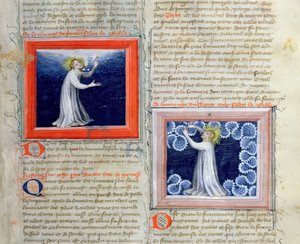 Ms 313 Tanrı ışığı karanlıktan ayırıyor (solda) ve gök kubbeyi yaratıyor (sağda), İncil des Grands Augustins, 1494