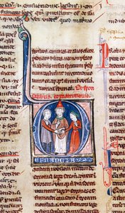 Ms 365 fol.318v Gregory IX Kararnamelerinden bir evliliği tasvir eden tarihi ilk D by French School