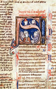 Ms 365 fol.350 Papa Gregory IX'u (1220-50) piskoposlar ve başrahiplerle betimleyen, Gregory IX'un Decretal'lerinden alınan tarihi ilk S by French School