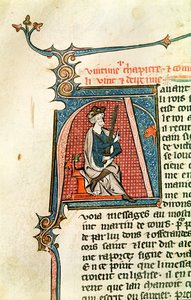 Ms 682 fol.17v Oturmuş bir kralın iki ucu keskin bir kılıç tuttuğunu betimleyen, tarihi geçmiş ilk A by French School