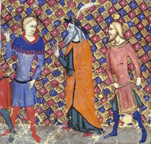 Bayan Add 12228 Merlin with Two Companions, Hélie de Boron'un 'Meliadus veya Guiron le Courtois' adlı eserinden illüstrasyon by French School