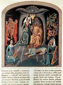 Ms Fr. 143 f.136v Hades ve Persephone yeraltı dünyasında kartal başı şeklinde bir tahtta otururlarken önlerinde Cerberus vardır (vellum) by French School