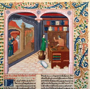 Bayan Fr 218 fol.111 Yatağında bir hasta ve ilaç hazırlayan bir eczacı, Barthelemy lAnglais tarafından Le Livre des Proprietes des Choses by French School