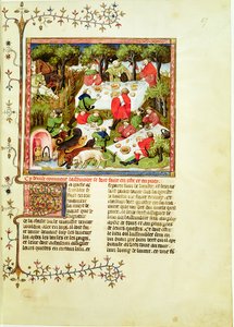 Bayan Fr 616 fol.67 Geyik avından önce şölen yapan avcılar, Livre de la Chasse