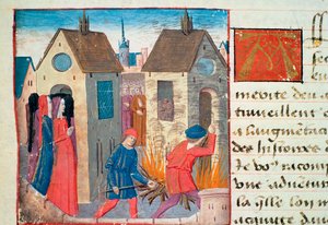 Ms Hunter 252 f.75v Bir evi yakmak, Les Cent Nouvelles Nouvelles, 1462 by French School