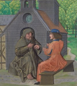Ms Royal 14 E. 11, f.338 Münzevi şövalyeye talimat veriyor, 