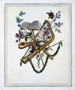 Oppenords tasarımlarının oyulmuş plakalarından oluşan bir kitaptan müzik aletleri, 1745rn yayınlandı by French School