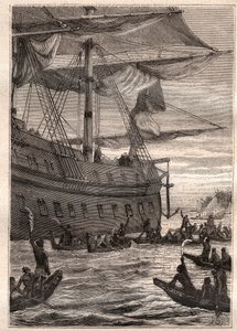 Yerli halk ellerinde muz ağaçlarının dallarını tutuyordu: Samuel Wallis'in Polinezya'ya yaptığı yolculuk (1728-1795) - karşılama selamı olarak muz dallarını tutan yerli halk - “18. Yüzyılın Büyük Denizcileri”nden alınan örnek” by French School