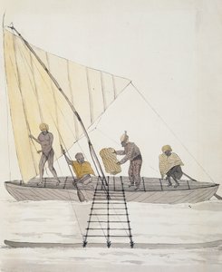 Iles Basses yerlileri ve dengeli yelkenli kano, suluboya Jules-Louis Lejeune, Duperrey