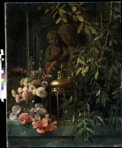 ""Natürmort"" (Çocuklu Madonna, fener, çiçekler (karanfil dahil) 19. yüzyıl Fransız okulunun resmi. Mikhail Kroshitsky Sanat Müzesi, Sivastopol (Sivastopol) Ukrayna by French School