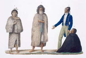 Yerli ve Batı kıyafetleri içinde Yeni Zelanda yerlileri, 1826 by French School