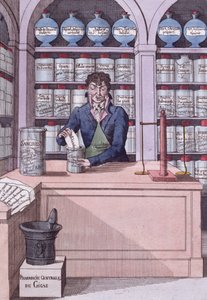 Napolyon veya Kimyager Akademisyen yönetimindeki gazete dispanseri, Napolyon tarafından ezilen Basını tasvir eden karikatür (renkli gravür) by French School