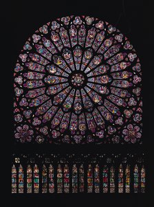 Ortada Bakire ve Çocuğu tasvir eden, Eski Ahit karakterleriyle çevrili kuzey çapraz gül penceresi, tasarlanmış, c.1250 by French School