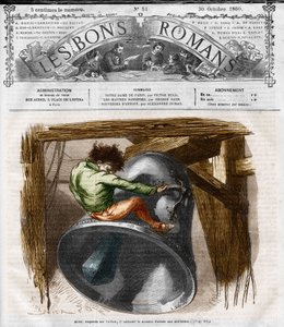 Roman serisi: Victor Hugo (1802-1885) tarafından yazılan “Notre Dame de Paris”. Quasimodo çan kulesinde. “Les bons romantizm”de gravür by French School