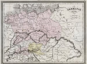 Eski Germania - Vuillemin tarafından hazırlanan “” Yerleşik Okullar için Eski ve Modern Coğrafya Evrensel Atlası”ndan çıkarılan plaka - yaklaşık. 1845 by French School