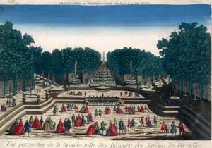 Optik Görünüm: Versailles bahçelerinin korularının geniş salonunun perspektif görünümü. 18. yüzyılın gravürü. by French School